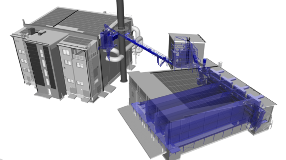 Model of Haapajarven Lampo power plant and in blue Laitex's fuel handling system.