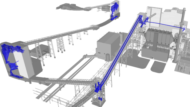 Model of oil shale processing plant with bulk material handling equipment in blue.