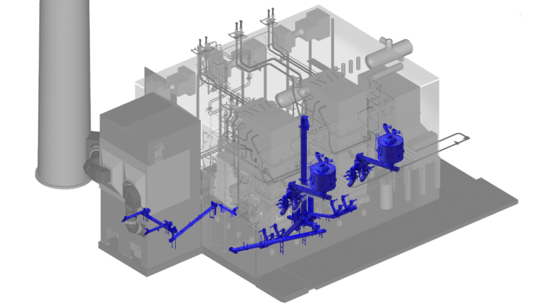 Model of power plant with blue fuel feeding and ash handling equipment.