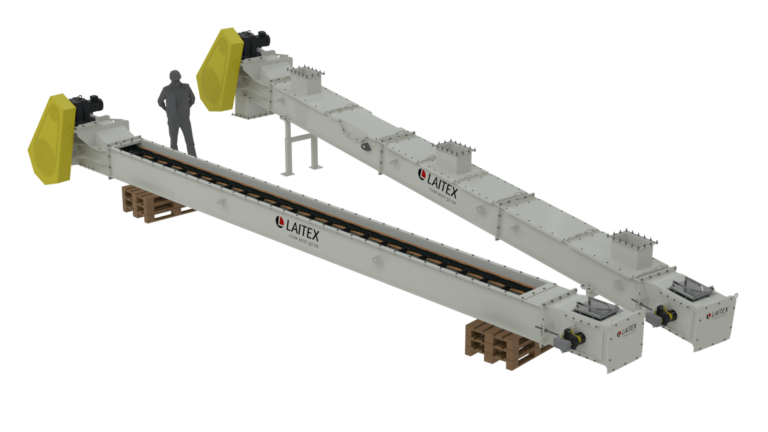 Two white chain conveyors and an engineer standing between them.