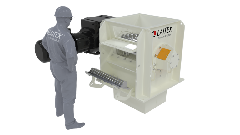 Laitex's product, shreddin crusher and an engineer standing beside it.