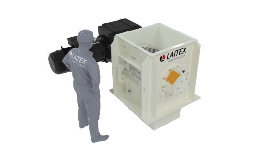 Laitex's product, shreddin crusher and an engineer standing beside it.