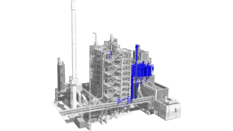 Activated carbon plant with material handling equipment in blue.