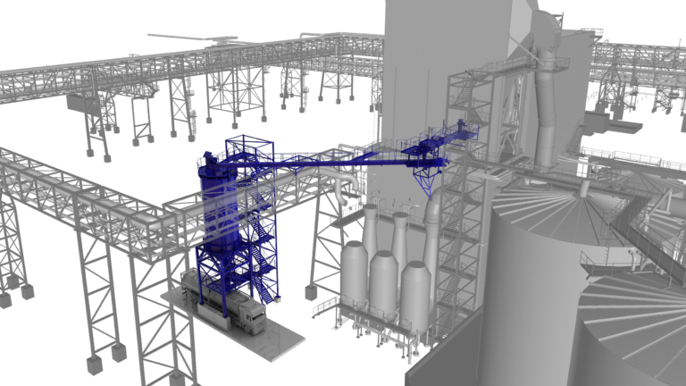 Grey plant with ESP lime dust conveyors in blue.