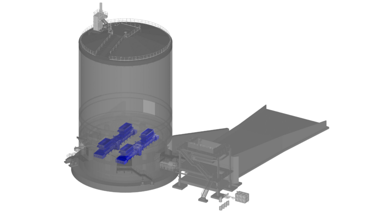 Blue belt feeder inside a grey gold ore silo.
