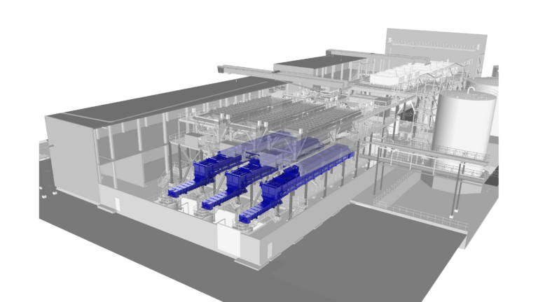 Three blue cake dischargers with twin screw mixers in grey plant model.