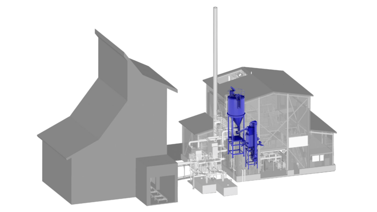 Grey model of sludge incineration plant and conveyors in blue.