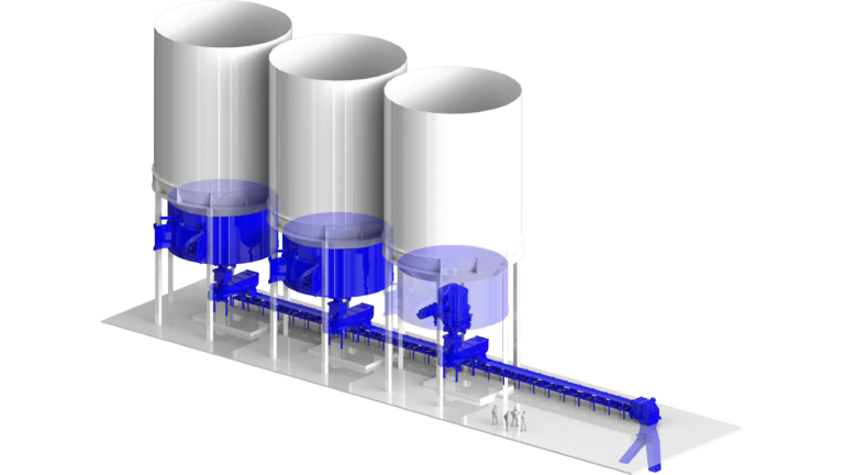Three wood chip storages with blue screw disharges.